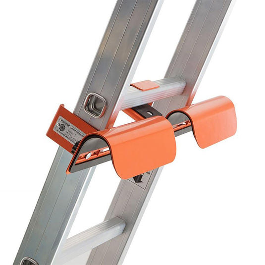 Close-up of the LINQ Ladder Braq-it cable-roller attachment on an aluminum ladder, showcasing its adjustable orange wings for cable management, designed for seamless integration and safety in electrical installations.