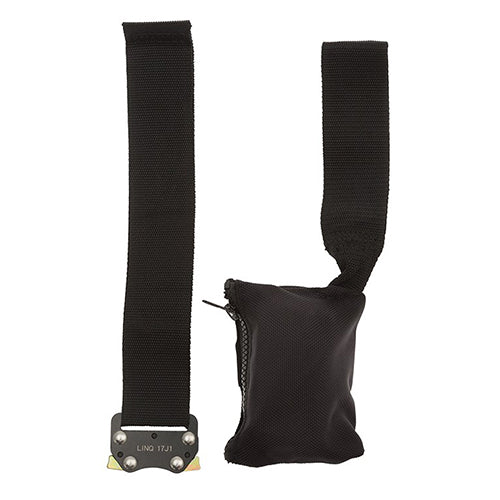 LINQ Suspension Trauma Strap in a compact black pouch with a metal plate and zipper, designed to assist workers in preventing suspension trauma during falls when used with a full body harness.