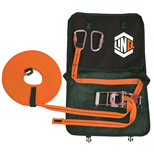 LINQ Static Line 20M in a durable carry bag with a strap, featuring two double action carabiners and a ratchet tension device, designed for temporary anchorage in extreme work environments.