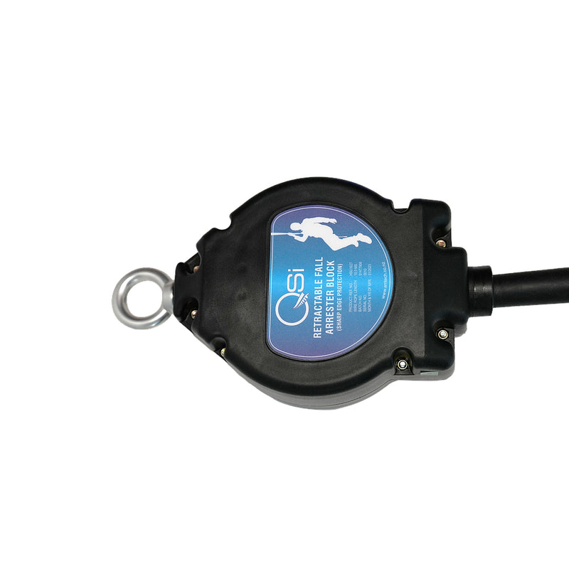 Load image into Gallery viewer, QSI Cable Block With Sharp Edge Protection: 10m. Features a black housing with a swivel eye, galvanized steel rope, and a blue label, designed to arrest falls safely with Sharp Edge Protection for height safety.