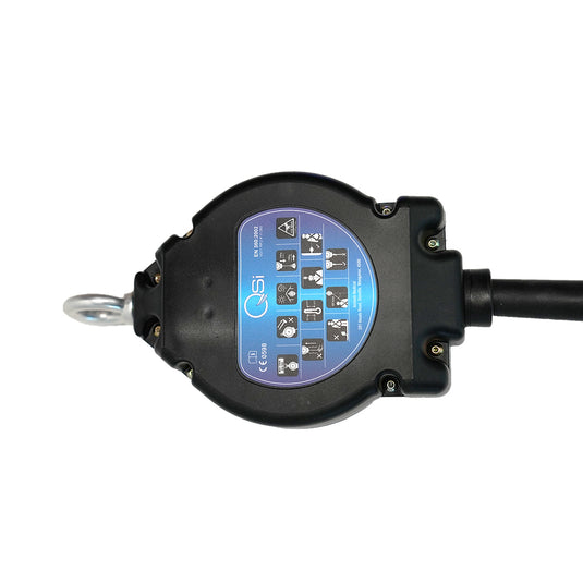 QSI Cable Block With Sharp Edge Protection: 10m retractable fall-arrest lifeline with galvanized steel cable, polymer casing, and double-action snap hook, ideal for safe horizontal movement in height safety applications.