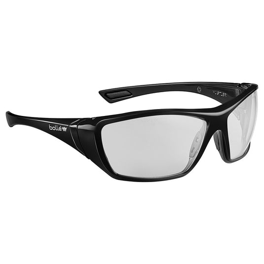 Bolle Go Green Hustler Platinum Lite Safety Glasses: Clear, featuring a robust wraparound frame with TIPGRIP temples and a non-slip nose bridge, crafted with 70% recycled materials for sustainable protection and comfort.