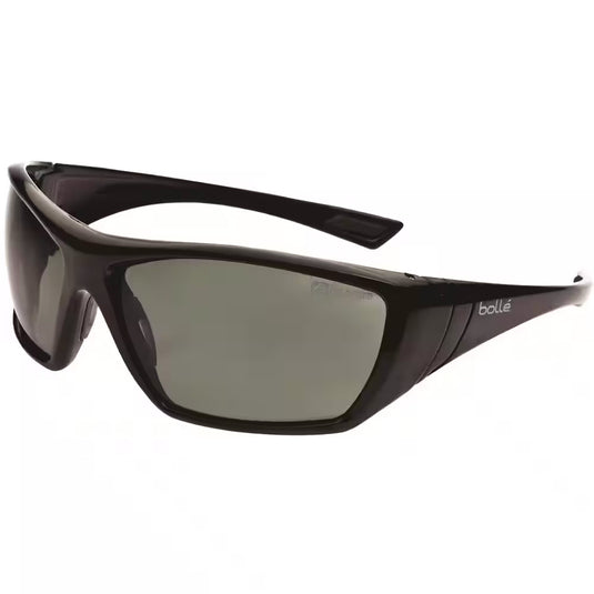 Bolle Go Green Hustler Polarised Safety Glasses: Smoke, featuring a robust wraparound frame with TIPGRIP temples and a non-slip nose bridge, crafted from recycled materials for sustainable eye protection in any environment.