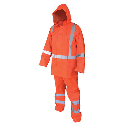 Hi Vis TTMC-W Rainset featuring jacket and pants with reflective stripes, full front zipper, underarm vents, ventilated cape back, and elastic waist. Ideal for high-visibility workwear in safety environments.