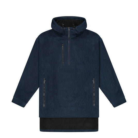 Cloke Hauroko Unisex Windproof Fleece, designed for rugged outdoor conditions, features a durable YKK zip, adjustable hood, large pouch pocket, and long tail with side gussets for enhanced warmth and movement.
