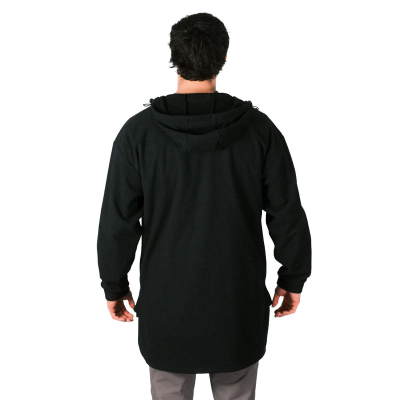 Load image into Gallery viewer, Back view of a person wearing the Cloke Hauroko Windproof Full Zip Long Sleeve Fleece, showcasing its long, loose fit and adjustable hood, highlighting its practicality for safety and work environments.