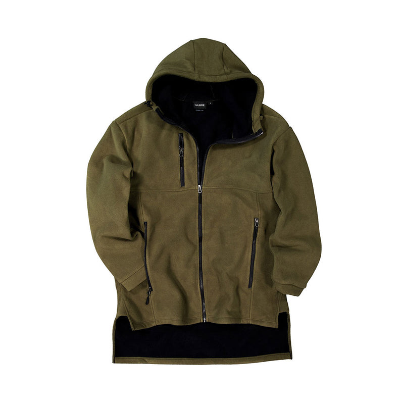 Load image into Gallery viewer, Cloke Hauroko Windproof Full Zip Long Sleeve Fleece features an olive-green hooded design with a full front zip, three zippered pockets, adjustable hood, and extended rear hem for enhanced protection.