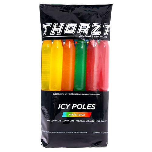 Load image into Gallery viewer, Thorzt Electrolyte Ice Blocks Mixed Pack/10, featuring a black package with white text, offers ready-to-freeze hydration icicles for cooling and hydration, ideal for high heat conditions.