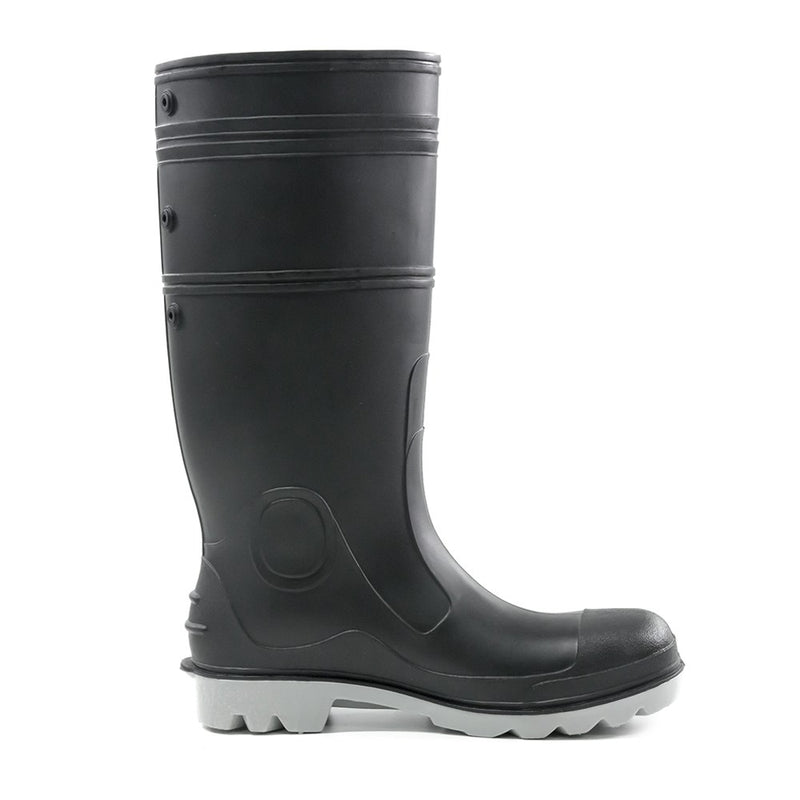 Load image into Gallery viewer, Bison Inca PVC Safety Gumboot with a durable black upper and white sole, featuring a steel toe cap and self-cleaning cleat pattern, ideal for construction and industrial safety.