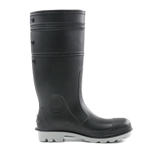 Bison Inca PVC Safety Gumboot with a durable black upper and white sole, featuring a steel toe cap and self-cleaning cleat pattern, ideal for construction and industrial safety.