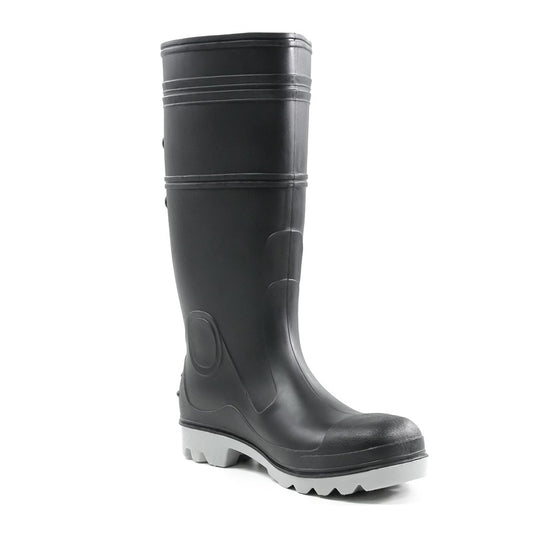 Bison Inca PVC Safety Gumboot featuring a black upper with white sole, designed for durability in demanding environments. Ideal for safety-conscious professionals in construction and trades, offering comfort and traction.