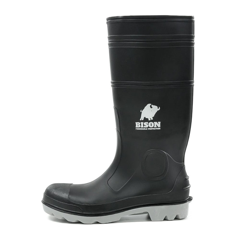 Load image into Gallery viewer, Bison Inca PVC Safety Gumboot featuring a durable black design with a prominent white logo, steel toe cap, and self-cleaning cleat pattern for traction, ideal for construction and industrial use.