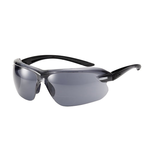 Bolle IRI-S Diopter Safety Glasses: Smoke, featuring grey lenses, black rims, and an adjustable B-Flex nose bridge, designed for universal fit. Ideal for eye protection in workplace settings.