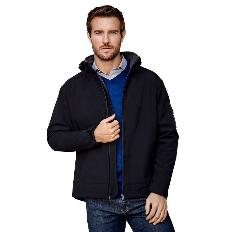Load image into Gallery viewer, Biz Mens Summit Jacket showcased on a man, highlighting its detachable hood, full zip front with storm flap, and adjustable cuffs, ideal for outdoor safety and durability.