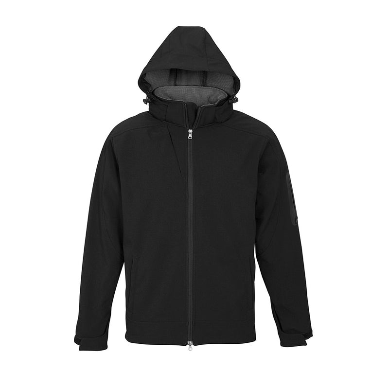 Load image into Gallery viewer, Biz Mens Summit Jacket, featuring a detachable hood and laser-cut sleeve pocket, provides water-repellent, breathable protection with its durable ripstop material, ideal for safety-focused outdoor activities.