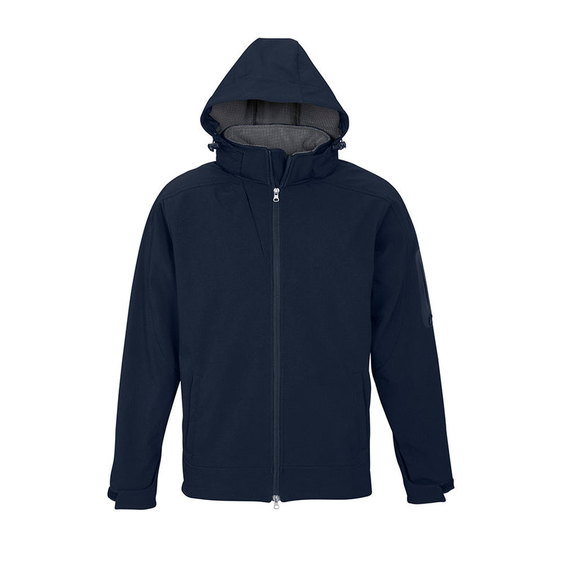 Load image into Gallery viewer, Biz Mens Summit Jacket with a detachable hood, featuring a full zip front and adjustable cuffs. Designed for water repellent, breathable, and windproof protection with concealed zippered pockets for practical use.