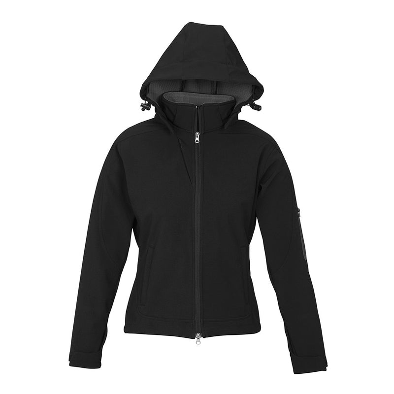 Load image into Gallery viewer, Biz Ladies Summit Jacket with detachable hood, featuring a full zip front, adjustable cuffs, and laser-cut sleeve pocket. Ideal for safety workwear, combining water repellent and windproof BIZ TECH™ material for ultimate protection.