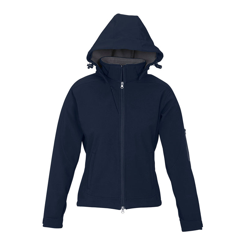 Load image into Gallery viewer, Close-up of the Biz Ladies Summit Jacket showcasing its detachable hood and adjustable cuffs, emphasizing its role as a durable, water-repellent, and windproof outerwear option for active safety needs.
