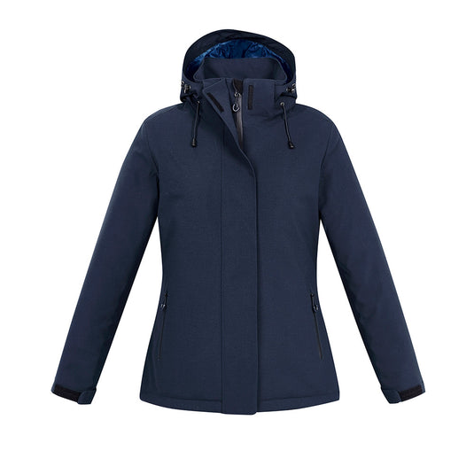 Biz Ladies Eclipse Jacket with detachable hood and seam-sealed shell offers waterproof protection. Features include quilted lining, adjustable cuffs, and zipped pockets, aligning with Active Safety's commitment to durable workwear.