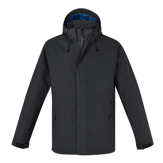Biz Mens Eclipse Jacket featuring a sleek matte finish with seam-sealed waterproof shell, detachable hood, and quilted metallic lining for warmth, perfect for active safety and workwear needs.