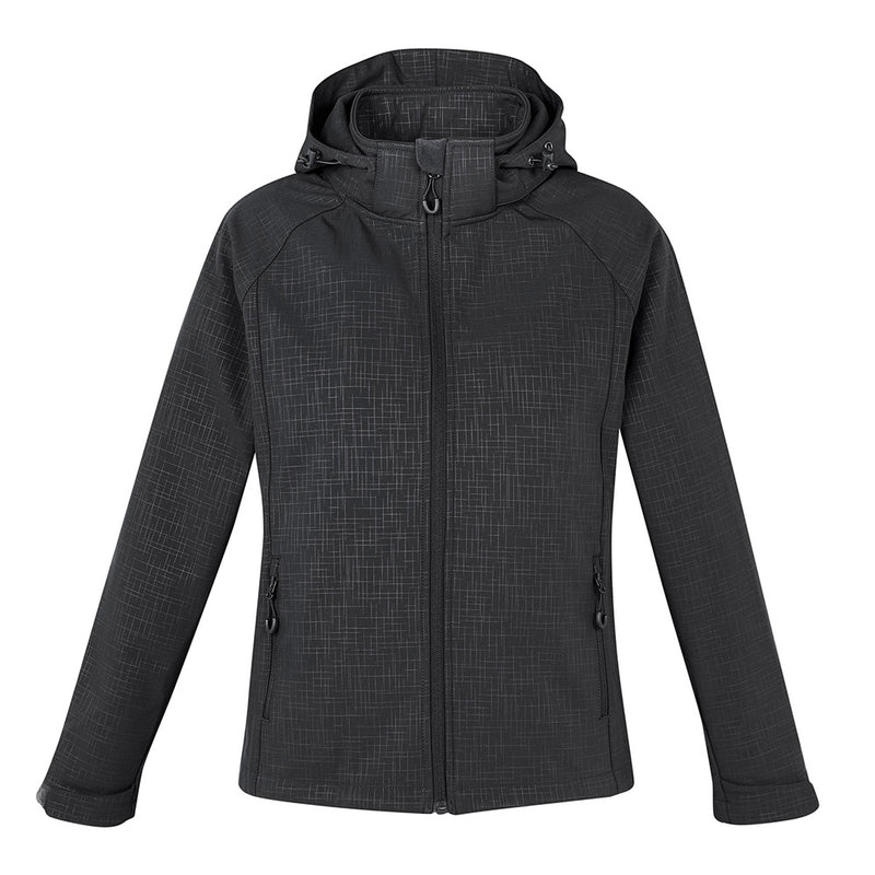 Load image into Gallery viewer, Biz Ladies Geo Jacket featuring a hood and zippered front, designed with a subtle cross-hatch print and stretch bonded softshell for comfort. Ideal for active safety wear.