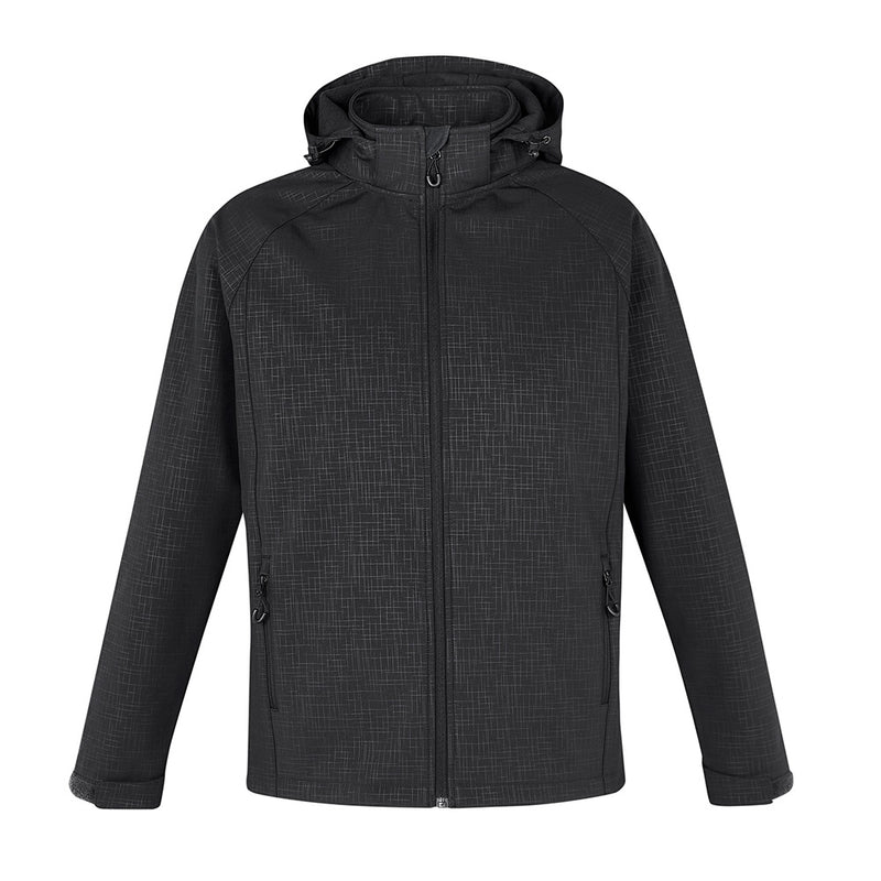 Load image into Gallery viewer, Biz Men's Geo Jacket featuring a hood, zippered front, and pockets with rubberized toggles. Designed for comfort and movement, suitable for workplace safety gear.