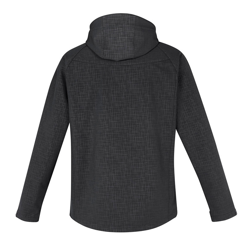 Load image into Gallery viewer, Biz Men's Geo Jacket featuring a hood, subtle cross-hatch print, and zippered pockets. Designed with stretch bonded softshell and a stand-up collar, offering comfort and movement, ideal for workplace safety.