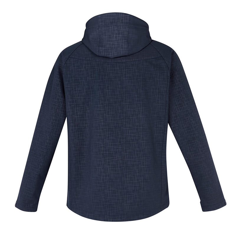 Load image into Gallery viewer, Biz Men's Geo Jacket featuring a hood, adjustable drawcord, zippered front and pockets, and Velcro sleeve cuffs. Ideal for safety workwear with its stretch bonded softshell and breathable TPU membrane.