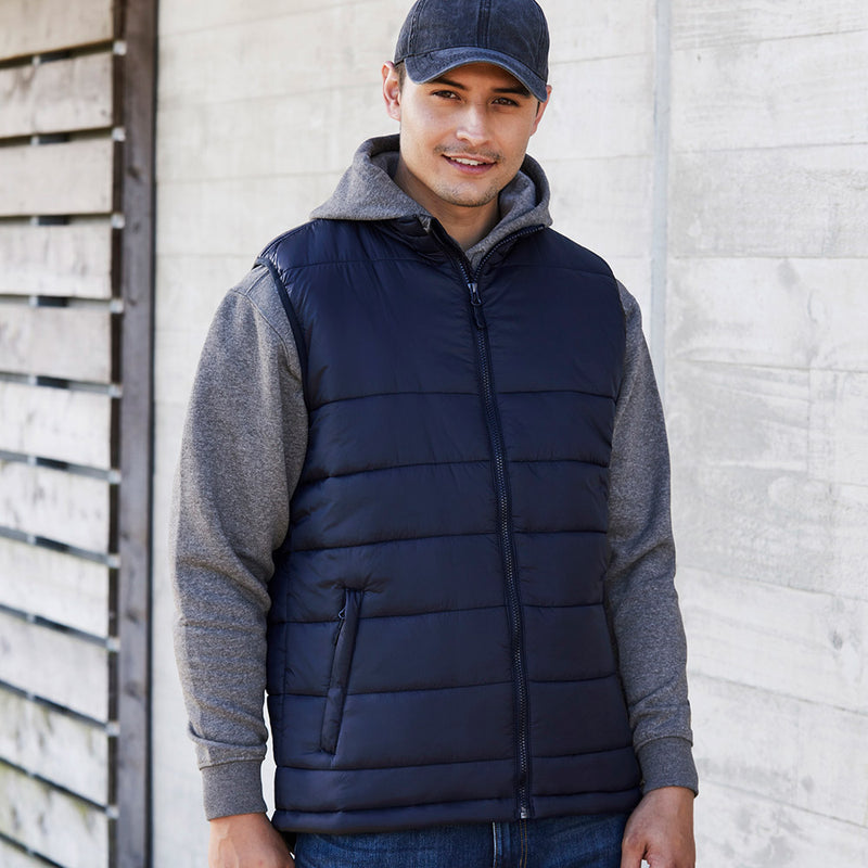 Load image into Gallery viewer, Biz Mens Alpine Vest, a sustainable eco-puffer with a lightweight, showerproof nylon shell and recycled PET insulation, features a stand-up wind collar, full zip front, and ergonomic toggles.