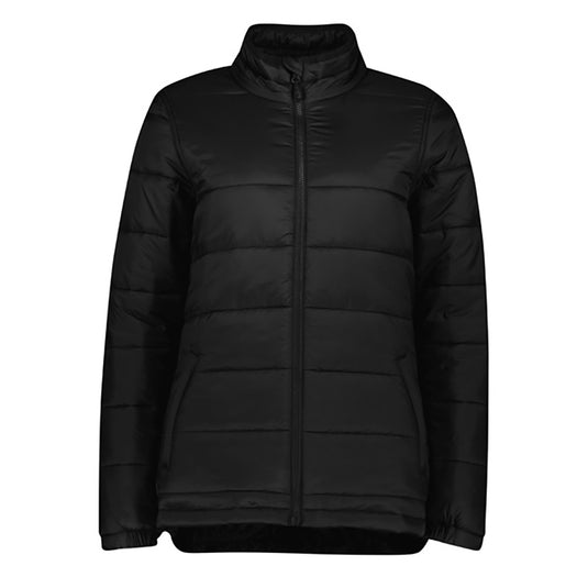 Biz Alpine Ladies Puffer Jacket featuring a sleek design with a full zip front, ergonomic toggles, and a stand-up wind collar, ideal for outdoor activities and crafted from recycled materials.