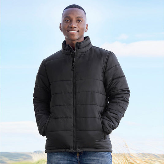 Biz Alpine Men's Puffer Jacket, featuring a durable, showerproof nylon shell and sustainable recycled polyester insulation. The jacket includes a stand-up wind collar, full zip front, and ergonomic zip pockets.