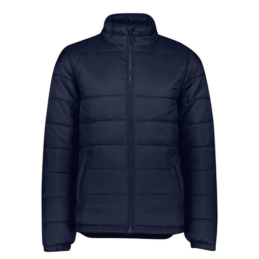 Biz Alpine Men's Puffer Jacket featuring a full zip front, ergonomic toggles, and a stand-up wind collar, designed for outdoor warmth with eco-friendly recycled PET insulation and a showerproof nylon shell.