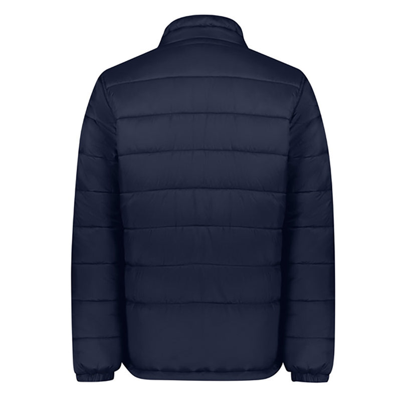 Load image into Gallery viewer, Biz Alpine Men's Puffer Jacket, showcasing a back view with a hood and ergonomic zip pockets, designed for durability and warmth with recycled materials, ideal for outdoor and workplace safety.