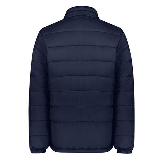 Biz Alpine Men's Puffer Jacket, showcasing a back view with a hood and ergonomic zip pockets, designed for durability and warmth with recycled materials, ideal for outdoor and workplace safety.