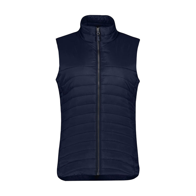 Load image into Gallery viewer, Biz Womens Expedition Vest, a navy-blue quilted sleeveless puffer, features a front zipper, stand-up collar, and zippered pockets, designed for lightweight warmth with premium insulation and a water-repellent nylon shell.