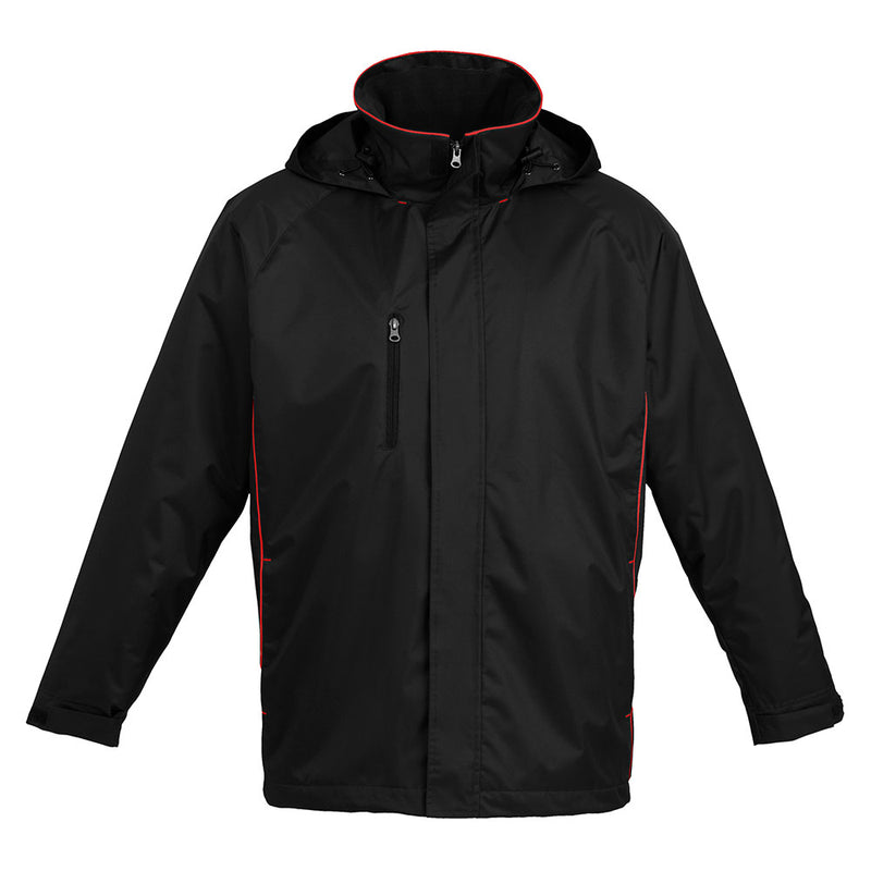 Load image into Gallery viewer, Biz Unisex Core Jacket featuring a stowaway hood, concealed zip with storm placket, and contrast piping, ideal for uniforms. Designed for warmth and versatility in workplace safety environments.