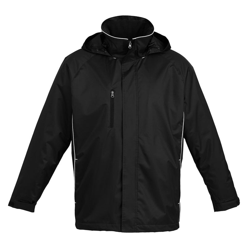 Load image into Gallery viewer, Biz Unisex Core Jacket with white stripe detail, featuring a showerproof shell, stowaway hood, and micro-fleece lining; perfect for work uniforms and adaptable to various weather conditions.
