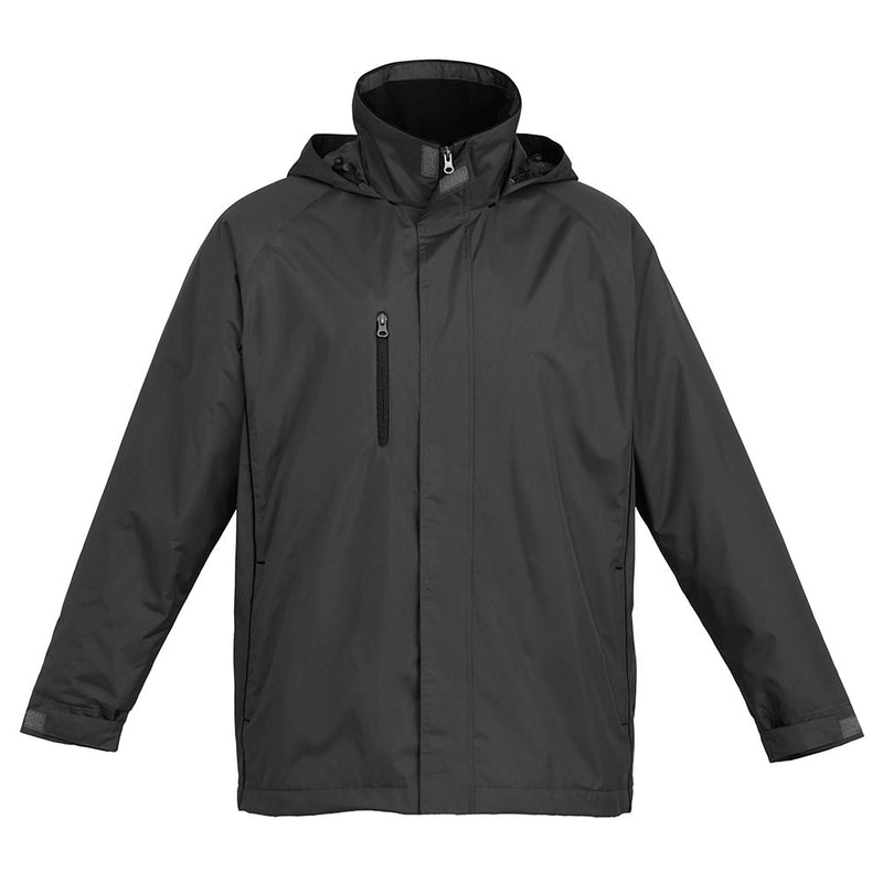 Load image into Gallery viewer, Biz Unisex Core Jacket featuring a stowaway hood, showerproof shell, and micro-fleece lining, shown with a front zipper and pockets, ideal for uniforms in diverse weather conditions.