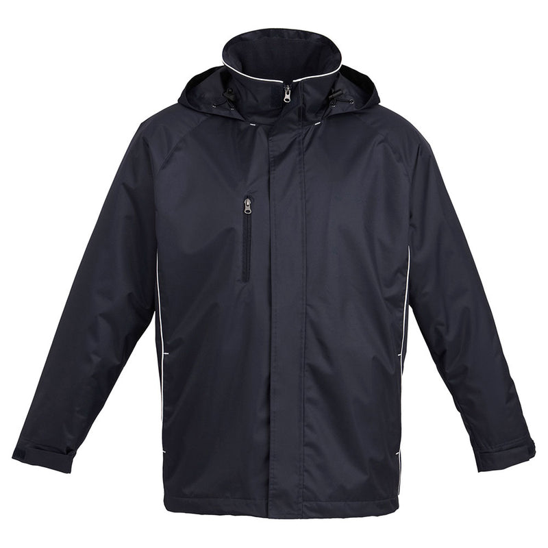 Load image into Gallery viewer, Biz Unisex Core Jacket close-up, featuring a black jacket with a white stripe. The jacket has a stow-away hood, showerproof shell, and micro-fleece lining, ideal for versatile uniform needs.