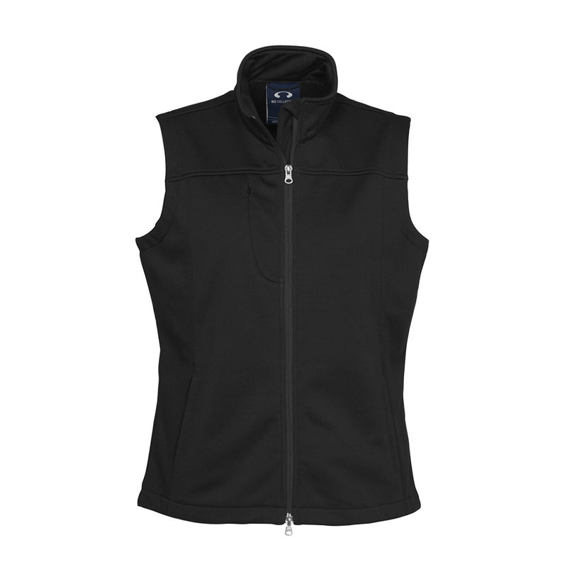 Load image into Gallery viewer, Biz Ladies Soft Shell Vest features a stand-up collar, two-way front zip, and concealed zippered pockets, ideal for active safety and work environments. Crafted from bonded polyester with micro fleece lining.