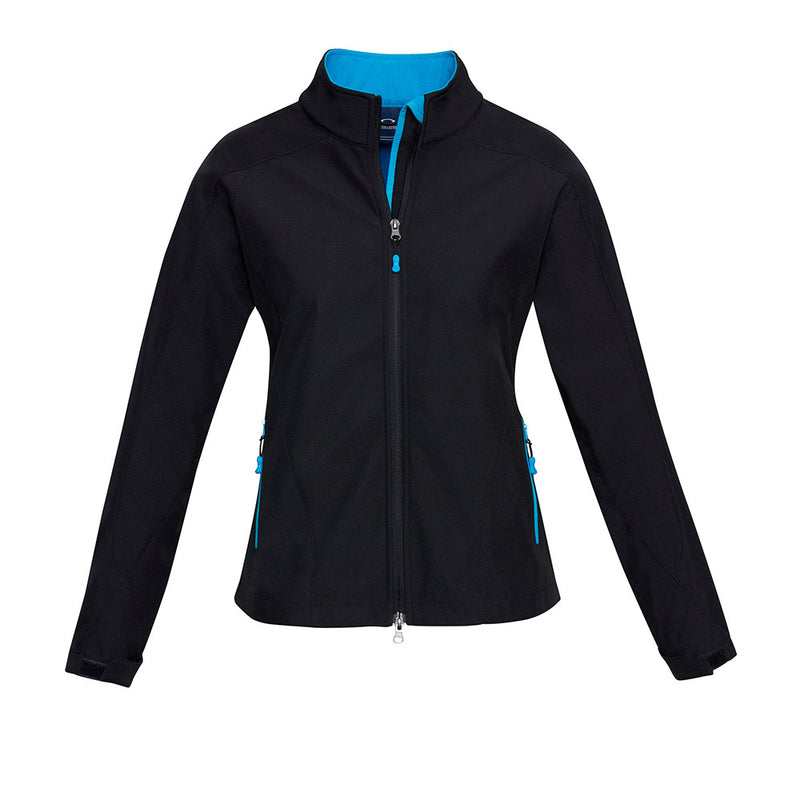 Load image into Gallery viewer, Biz Ladies Geneva Jacket, a 3-layer softshell, features a stand-up collar, adjustable cuffs, and contrast zippered pockets, ideal for outdoor work with its water-repellent and wind-resistant properties.