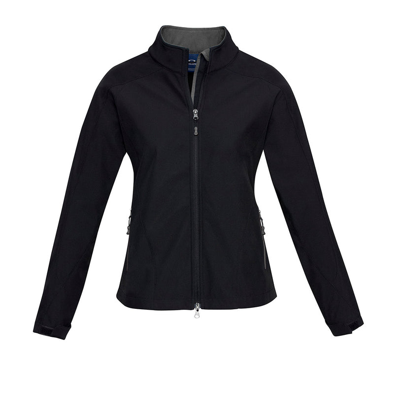 Load image into Gallery viewer, Biz Ladies Geneva Jacket, a 3-layer softshell, ideal for outdoor workwear. Features include a stand-up collar, adjustable cuffs, zippered pockets, and a longer back tail for enhanced protection.
