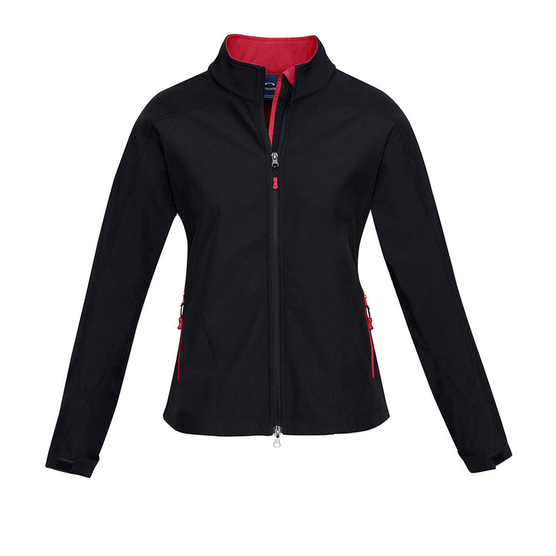 Load image into Gallery viewer, Biz Ladies Geneva Jacket with high-quality BIZ TECH™ fabric, featuring a stand-up collar, adjustable cuffs, contrast zippered pockets, and a scalloped back, designed for warmth and outdoor protection.