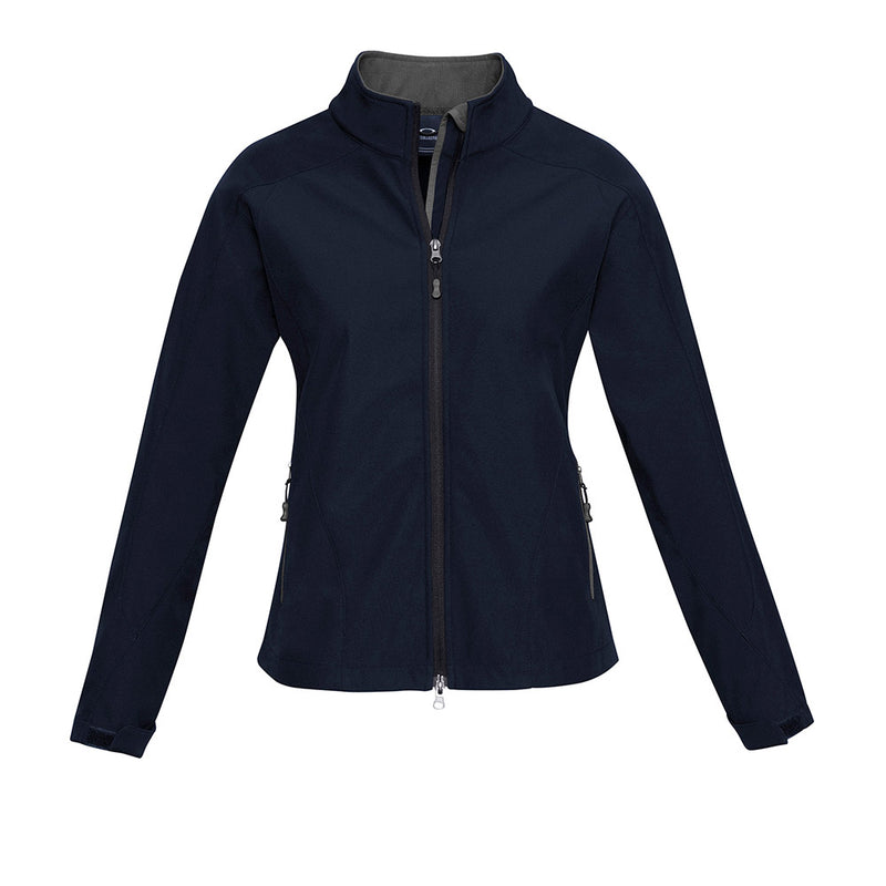 Load image into Gallery viewer, Biz Ladies Geneva Jacket features a 3-layer softshell design, stand-up collar with chin guard, adjustable cuffs, and contrast zippered pockets, ideal for outdoor work with water and wind resistance.