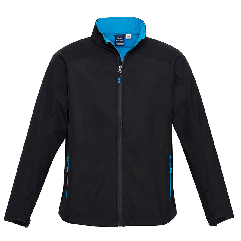 Load image into Gallery viewer, Biz Mens Geneva Jacket, a sleek softshell outerwear featuring a stand-up collar, adjustable cuffs, and contrast zippered pockets, designed for optimal movement and protection against wind and water.