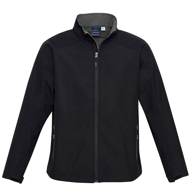 Load image into Gallery viewer, The Biz Mens Geneva Jacket, featuring a sleek design with a zipper, offers outdoor protection with its softshell, water-repellent, and wind-resistant properties, ideal for active workplace safety and comfort.