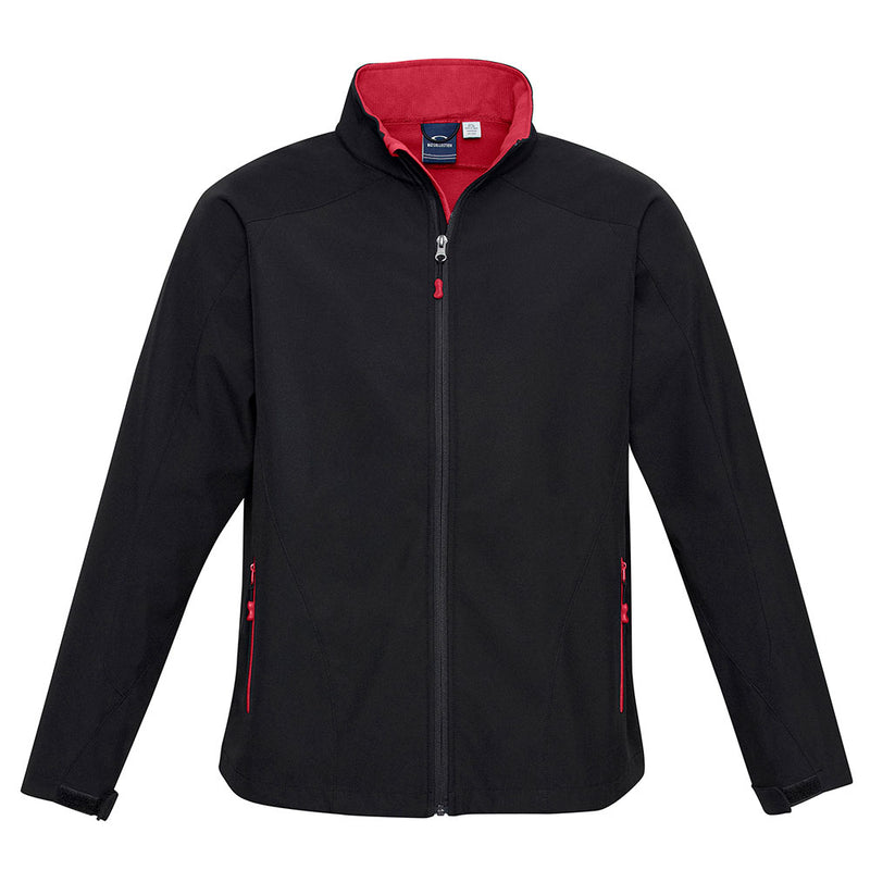 Load image into Gallery viewer, Biz Mens Geneva Jacket features a 3-layer softshell design with a stand-up collar, adjustable cuffs, and zippered pockets, offering water repellent and wind-resistant protection, ideal for outdoor work environments.