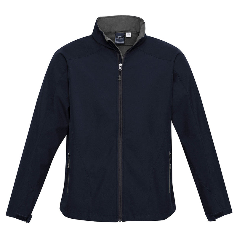 Load image into Gallery viewer, Biz Mens Geneva Jacket featuring a close-up of its stylish 3-layer softshell design with a prominent zipper, showcasing its durability and functionality ideal for outdoor work environments.