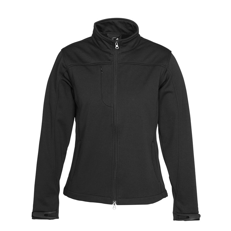 Load image into Gallery viewer, Biz Ladies Soft Shell Jacket featuring a 2-way front zip, adjustable rubber cuff closures, and concealed zippered pockets, designed for versatility and functionality in workplace or outdoor settings.