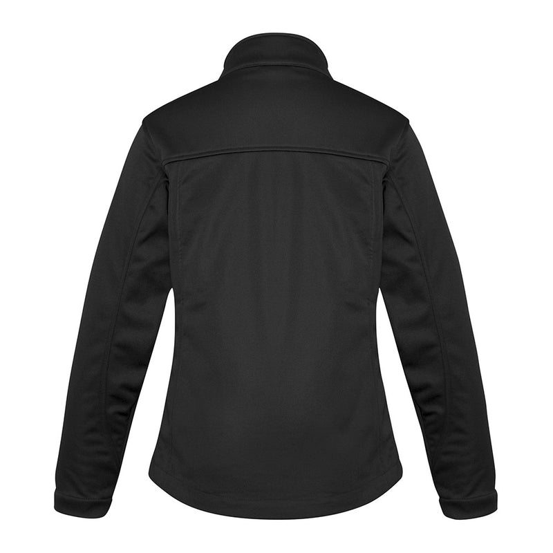 Load image into Gallery viewer, Biz Ladies Soft Shell Jacket featuring long sleeves, two concealed zippered front pockets, and a stand-up collar with wind flap chin guard, ideal for safety and workwear environments.